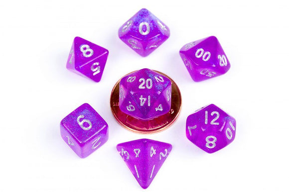 Metallic Dice Games 7ct 10mm Mini Polyhedral Dice Set Stardust Stardust Purple w/ Silver  FanRoll   