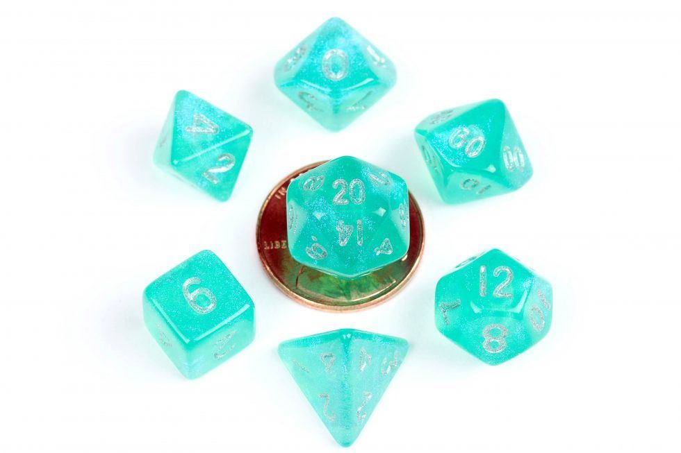 Metallic Dice Games 7ct 10mm Mini Polyhedral Dice Set Stardust Turquoise/Silver Dice FanRoll by Metallic Dice Games