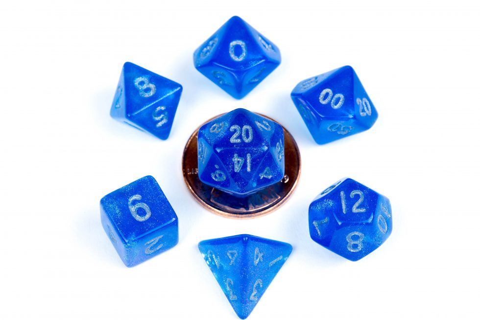 Metallic Dice Games 7ct 10mm Mini Polyhedral Dice Set Stardust Blue w/ Silver Dice FanRoll by Metallic Dice Games