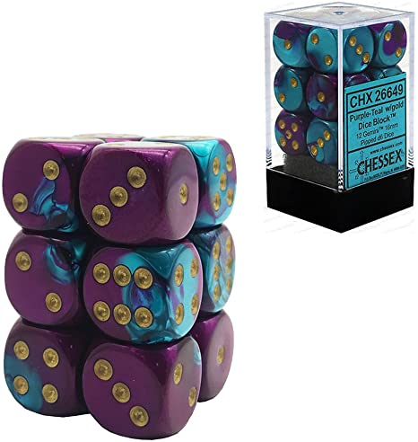 Chessex 16mm Gemini Purple Teal/Gold 12ct D6 Set (26649) Dice Chessex   