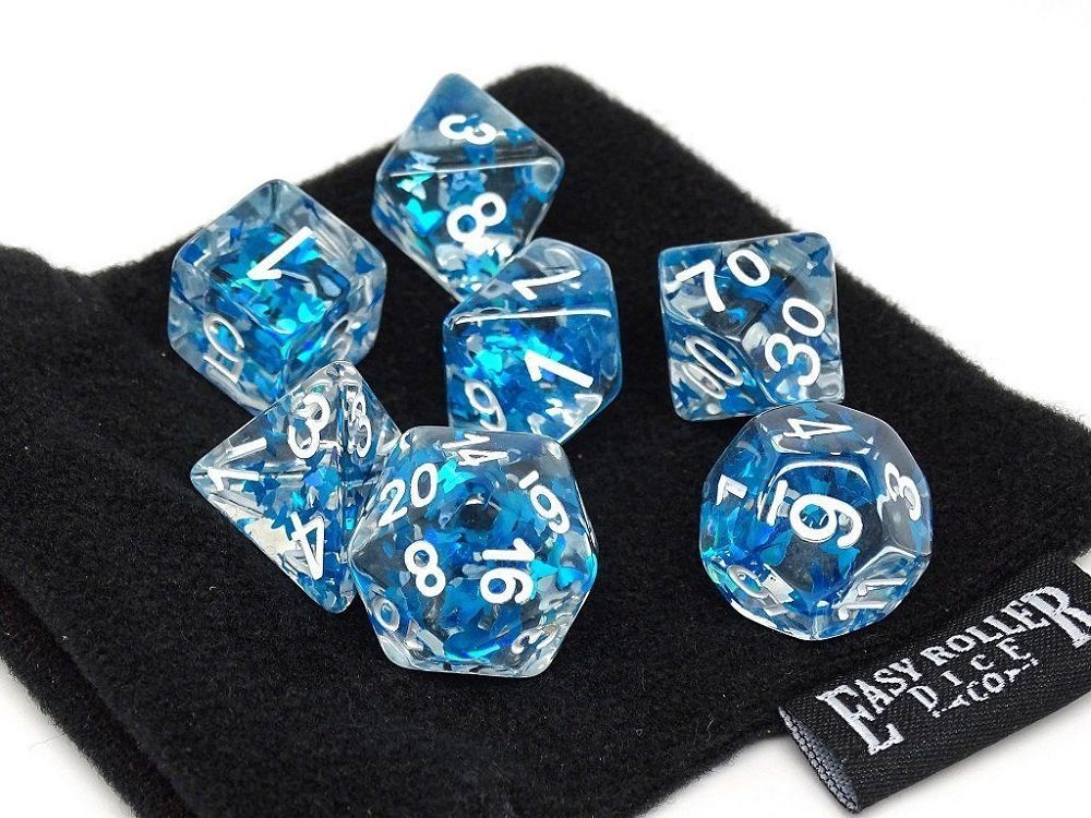 Easy Roller 7ct Polyhedral Dice Set Transparent Blue Butterfly w/ White Ink Dice Easy Roller Dice