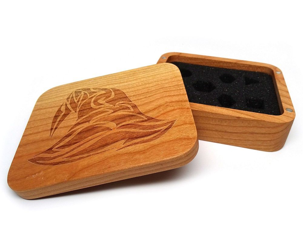 Easy Roller Wooden Dice Case - Cherry with Wizard Hat Supplies Easy Roller Dice