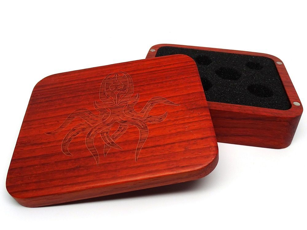 Easy Roller Wooden Dice Case - Padauk with Cthulhu Supplies Easy Roller Dice