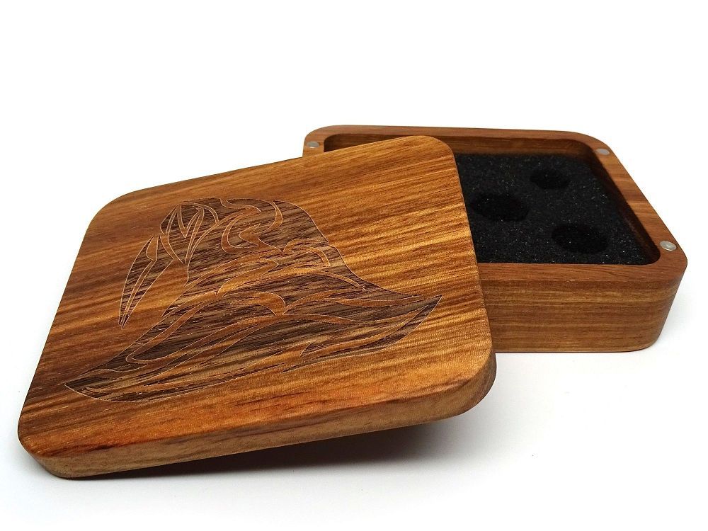 Easy Roller Wooden Dice Case - Zebrawood with Wizard Hat Supplies Easy Roller Dice