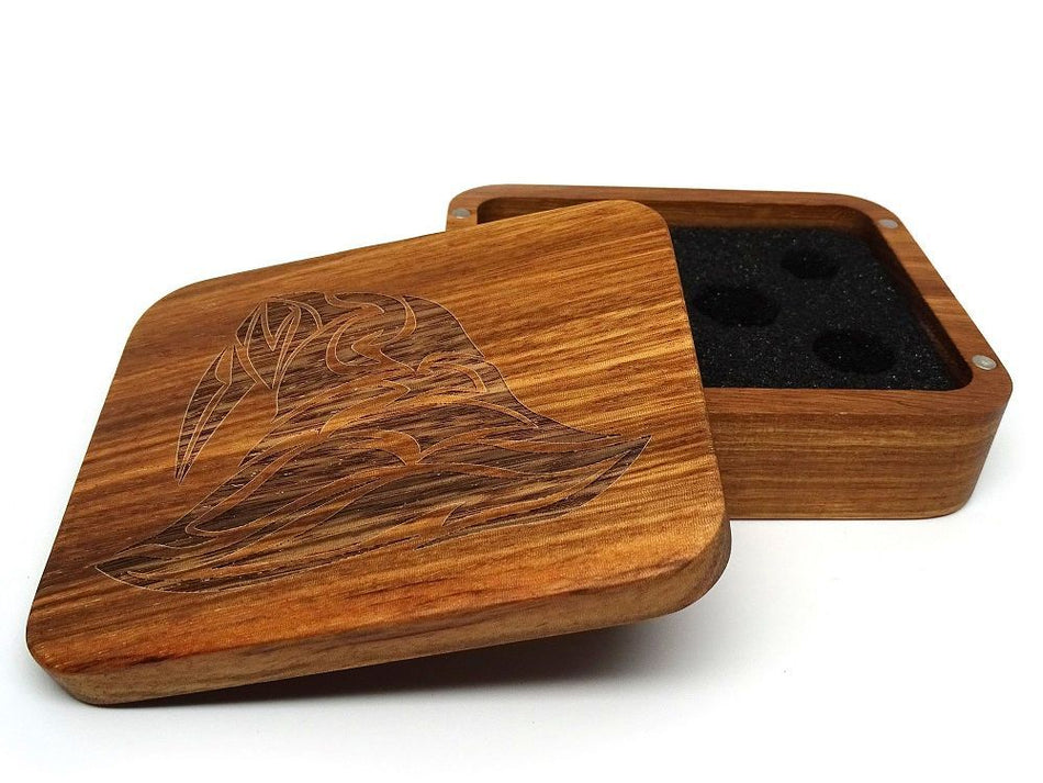 Easy Roller Wooden Dice Case - Zebrawood with Wizard Hat Supplies Easy Roller Dice