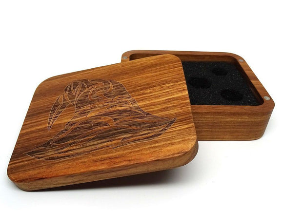 Easy Roller Wooden Dice Case - Zebrawood with Wizard Hat  Easy Roller Dice   