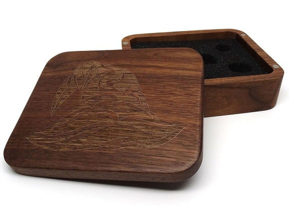 Easy Roller Wooden Dice Case - Black Walnut with Wizard Hat Supplies Easy Roller Dice