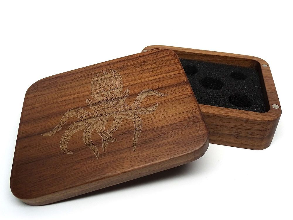 Easy Roller Wooden Dice Case - Black Walnut with Cthulhu Supplies Easy Roller Dice