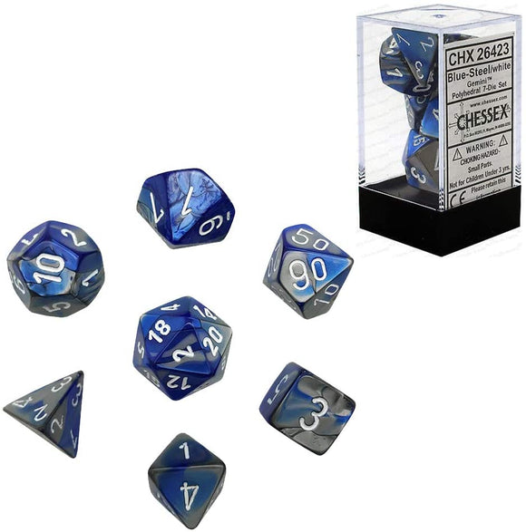 Chessex Gemini Blue-Steel/White 7ct Polyhedral Set (26423) Dice Chessex   