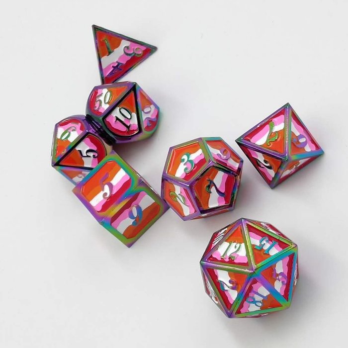 Dice for All 7pc Metal RPG Dice Set - Lesbian 2019 Community Pride Flag with Rainbow Metal Dice Foam Brain Games