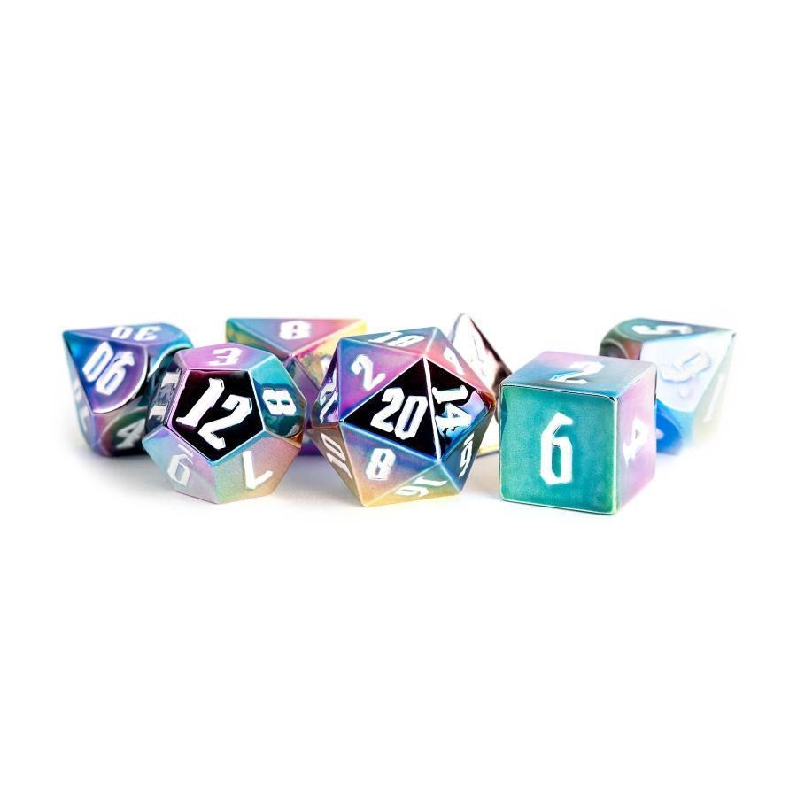 Rainbow Aegis w/ White Numbers 16mm Aluminum Plated Acrylic Poly Dice Set Dice FanRoll by Metallic Dice Games   