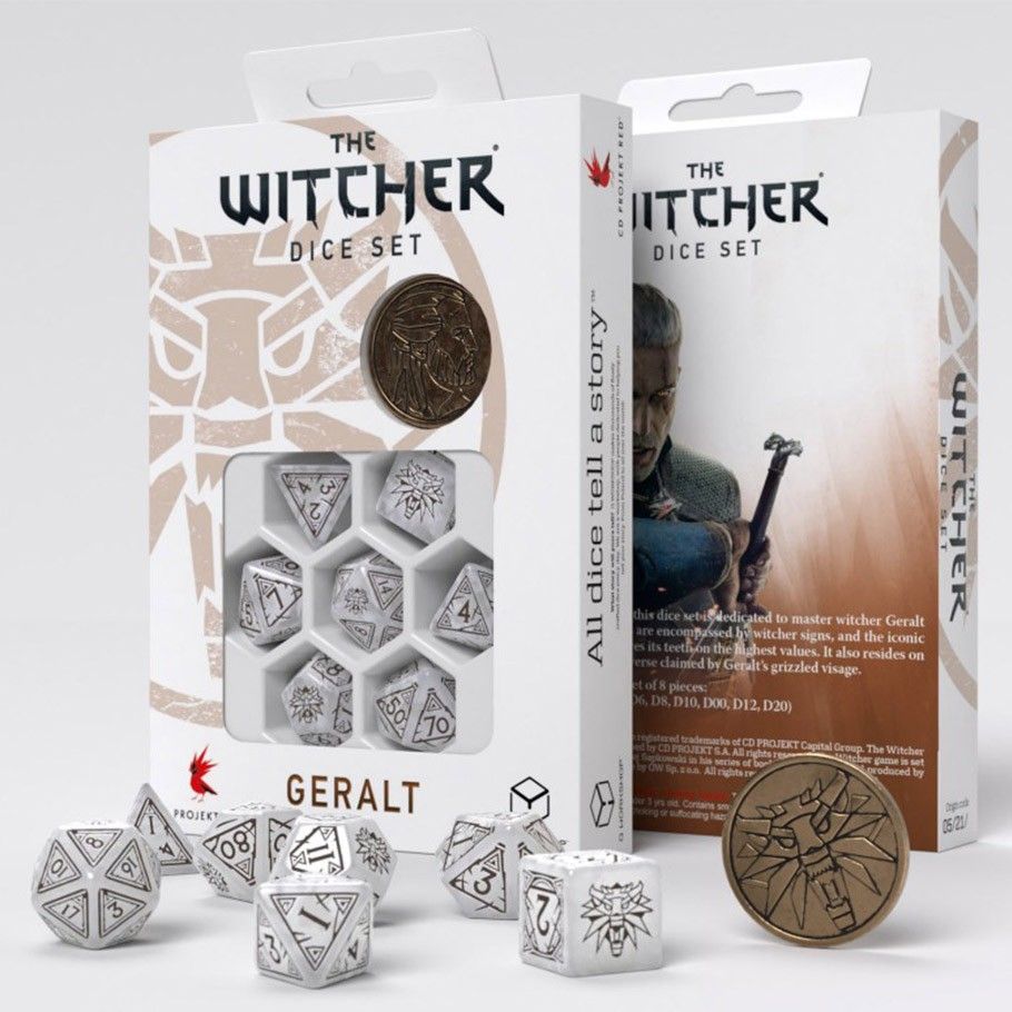 Q-Workshop The Witcher 7ct Polyhedral Dice Set Geralt White Wolf Dice Q Workshop   