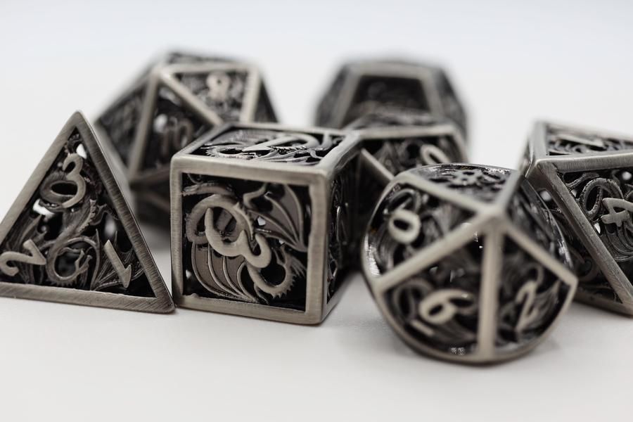 Hollow Dragon 7ct Dice Set - Silver Dice Foam Brain Games