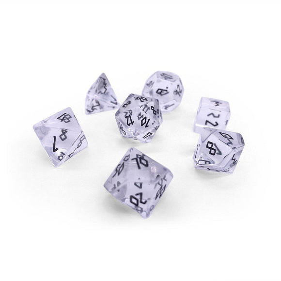 Norse Foundry Gemstone 7ct Polyhedral Dice Set Clear Crystal w/ Black Font Dice Norse Foundry