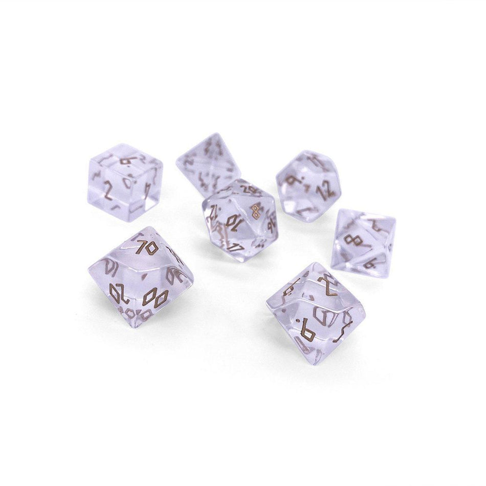 Norse Foundry Gemstone 7ct Polyhedral Dice Set Clear Crystal w/ Gold Font Dice Norse Foundry