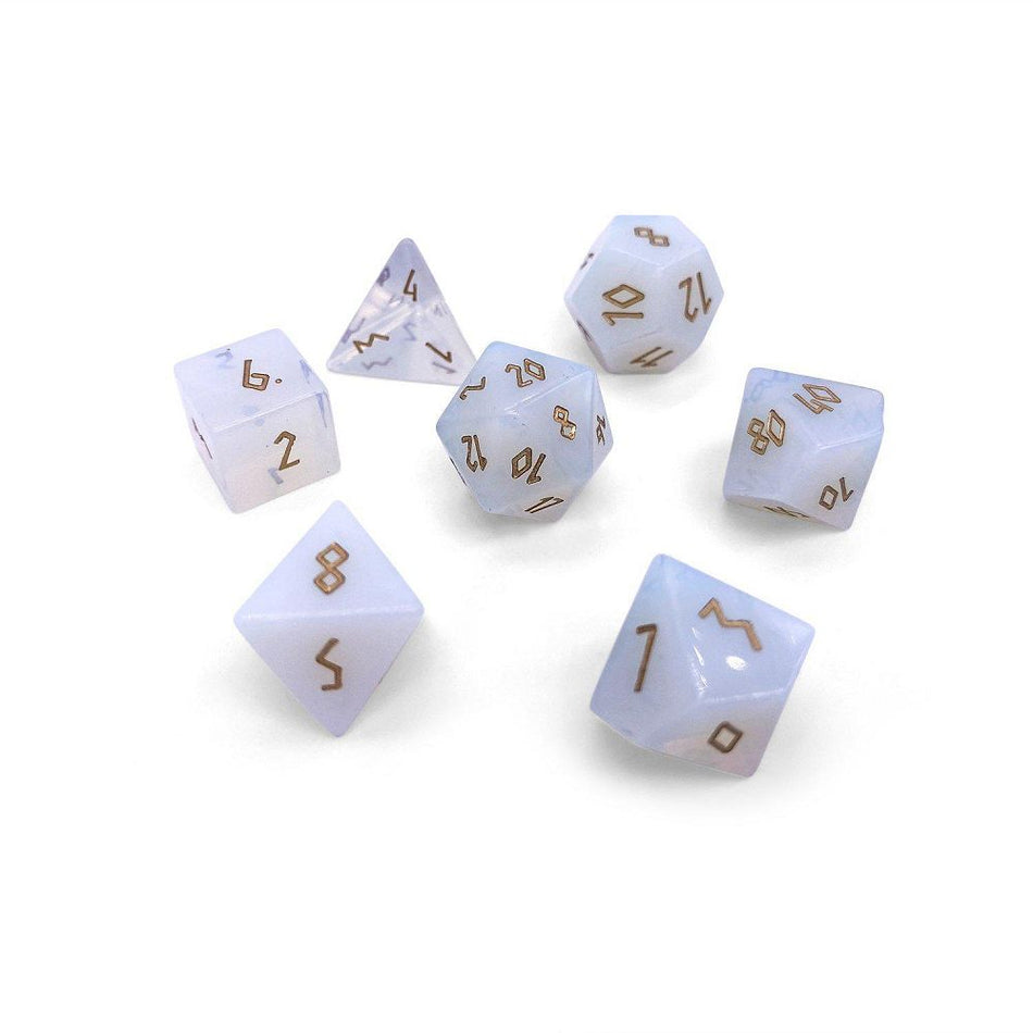 Norse Foundry Gemstone 7ct Polyhedral Dice Set Opalite w/ Gold Font Dice Norse Foundry