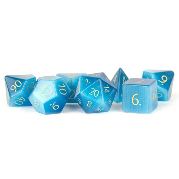 Engraved Cat's Eye Aquamarine 7ct Gemstone Dice Set Dice FanRoll by Metallic Dice Games   