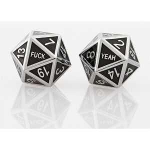 Silver Black F Yeah Set of 2 D20 Metal Dice  Forged Dice Co   