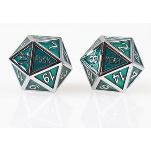 Silver Viridity F Yeah Set of 2 D20 Metal Dice  Forged Dice Co   