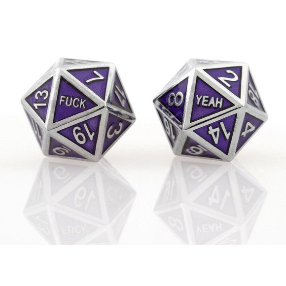 Silver Purple F Yeah Set of 2 D20 Metal Dice  Forged Dice Co   