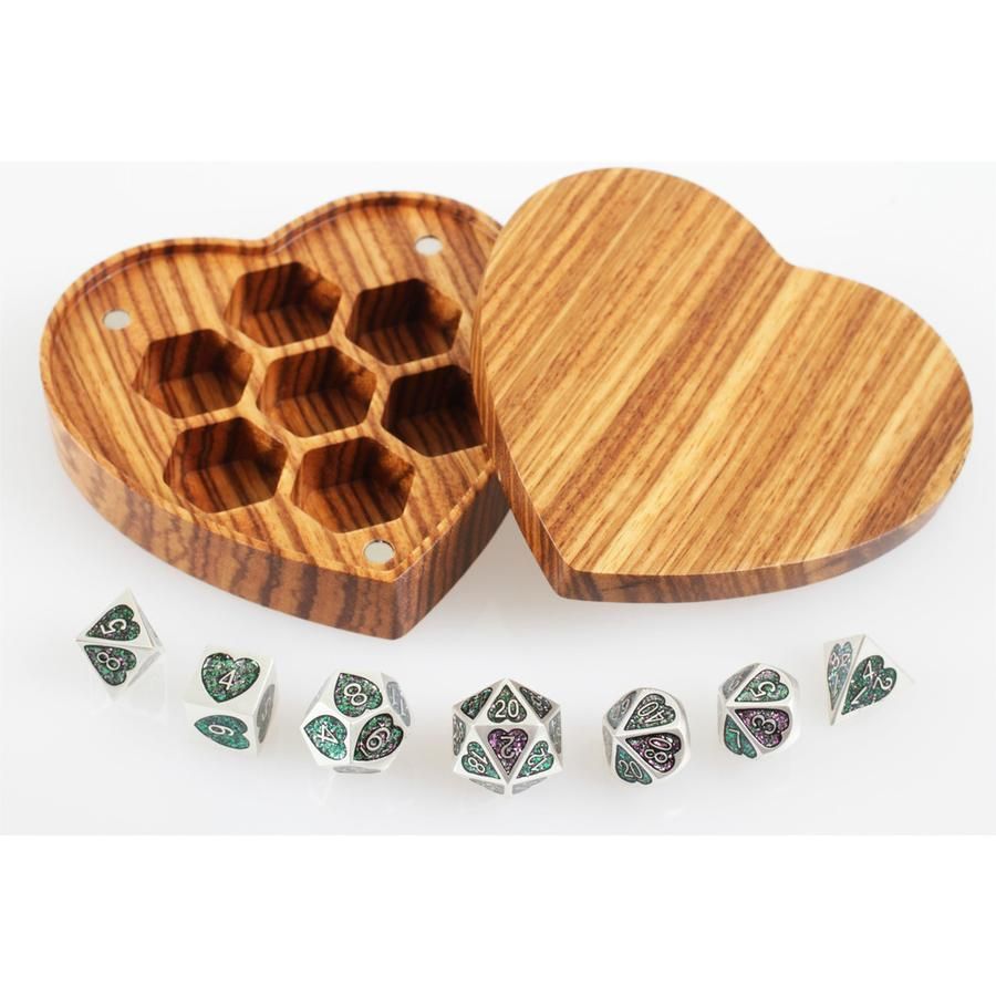 Forest Heart Set of 7 Heart-Shaped Metal Dice with Box Dice Forged Dice Co