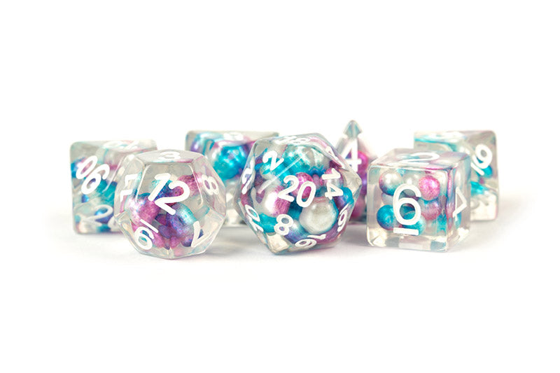 Metallic Dice Games Pearl Purple-Teal-White/White 7ct Polyhedral Dice Set Dice FanRoll by Metallic Dice Games