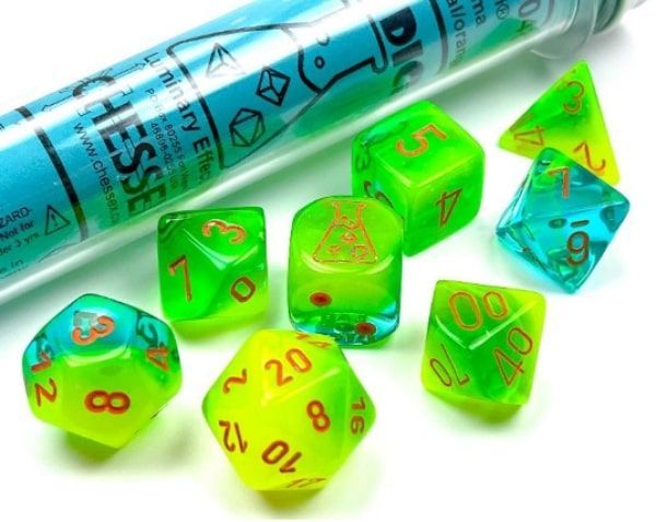 Chessex Lab Dice Wave 5 7ct Polyhedral Set Gemini Plasma Green-Teal/Orange Luminary (30048) Dice Chessex