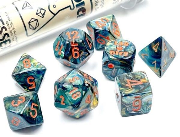 Chessex Lab Dice Wave 5 7ct Polyhedral Set Lustrous Alpestris/Orange (30049) Dice Chessex