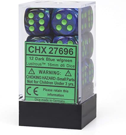 Chessex 16mm Lustrous Dark Blue/Green 12ct D6 Set (27696) Dice Chessex   