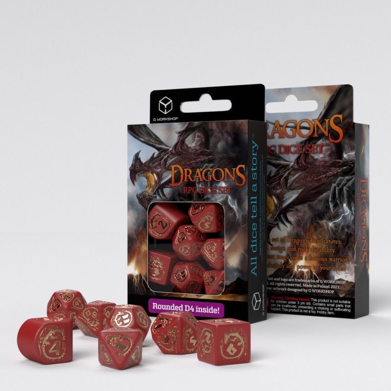 Q-Workshop 7ct Polyhedral Dice Set Dragons Red & Gold Dice Q Workshop   
