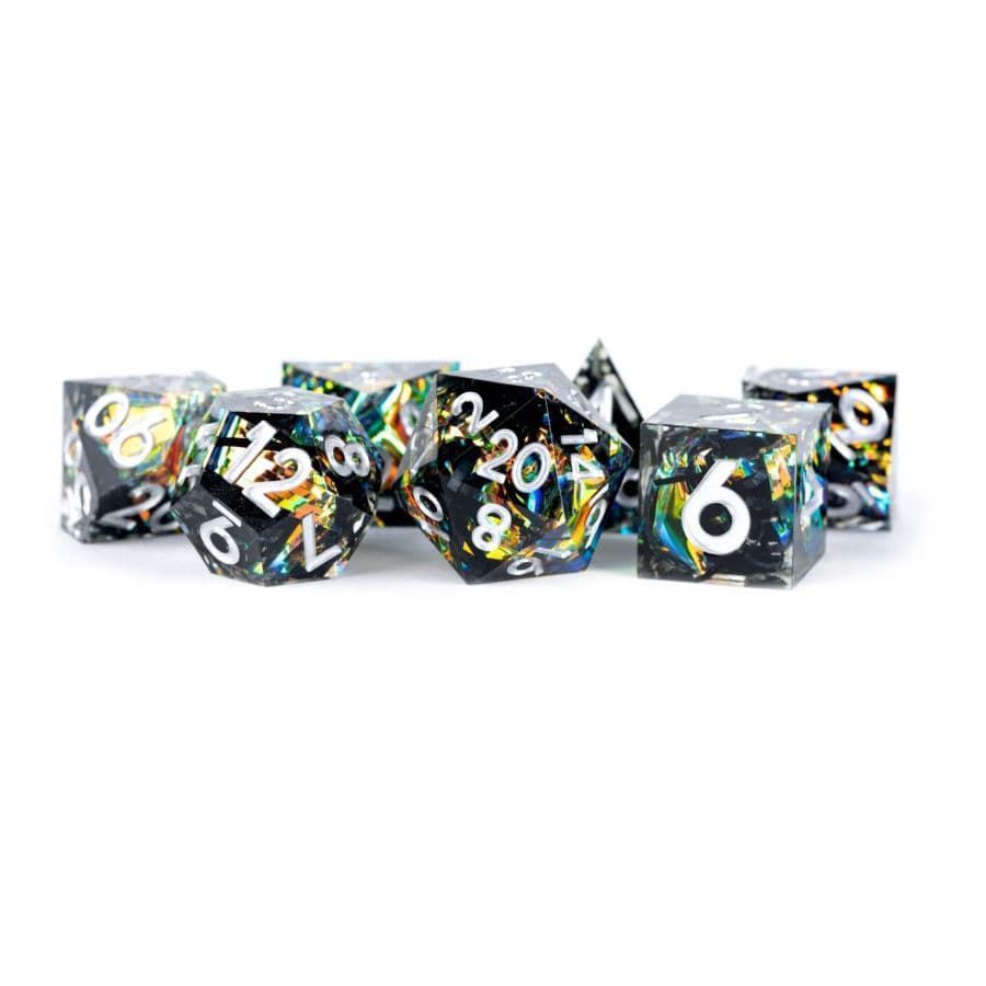 Metallic Dice Games 7ct Sharp Edge Polyhedral Dice Set - Simmering Coal Dice FanRoll by Metallic Dice Games