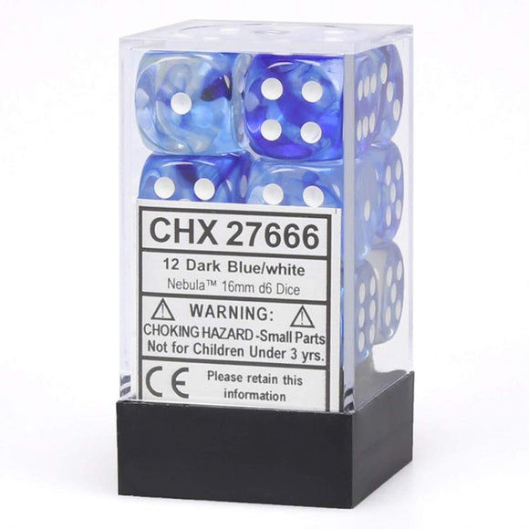 Chessex 16mm Nebula Dark Blue/White 12ct D6 Set (27666) Dice Chessex   
