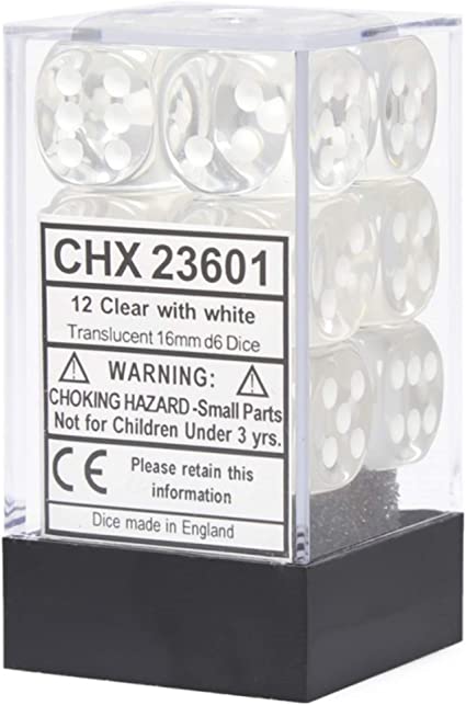 Chessex 16mm Translucent Clear/White 12ct D6 Set (23601) Dice Chessex   