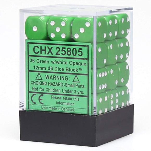 Chessex 12mm Opaque Green/White 36ct D6 Set (25805) Dice Chessex   