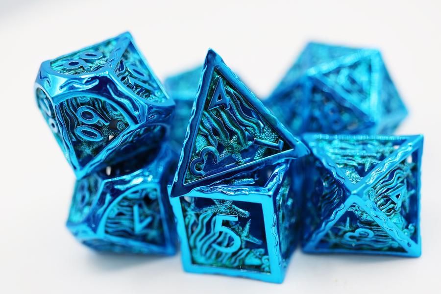 Foam Brain 7ct Metal Polyhedral Dice Set - Hollow Seascape Electric Blue Dice Foam Brain Games