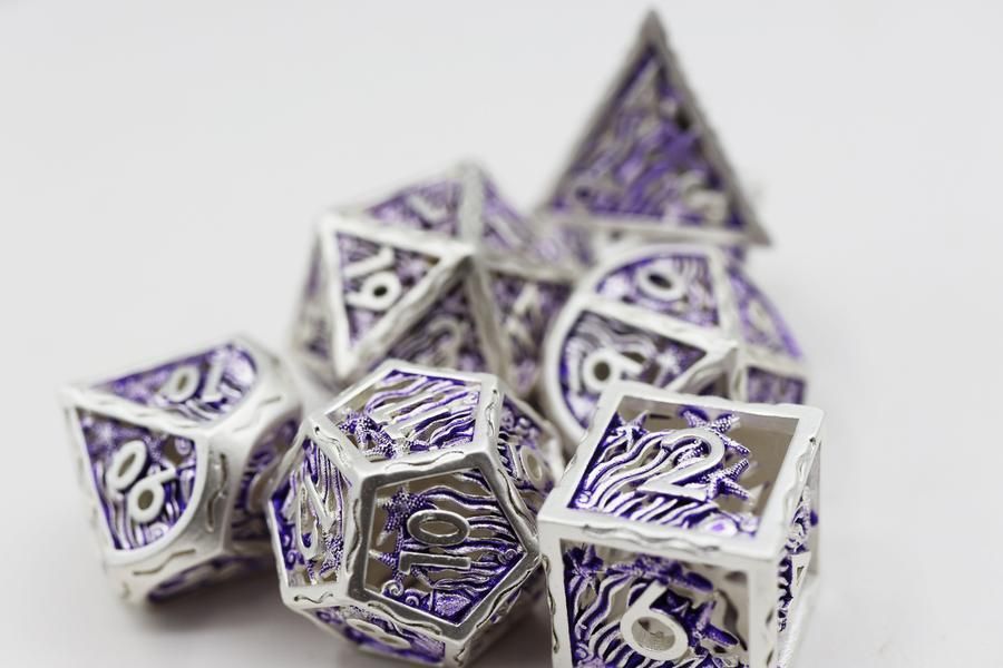 Foam Brain 7ct Metal Polyhedral Dice Set - Hollow Seascape Silver/Purple Dice Foam Brain Games
