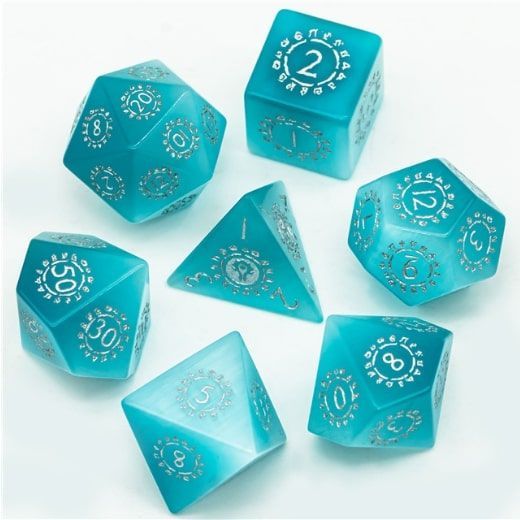 Foam Brain 7ct Gemstone Polyhedral Dice Set - Blue Cats Eye w/ Runes Dice Foam Brain Games