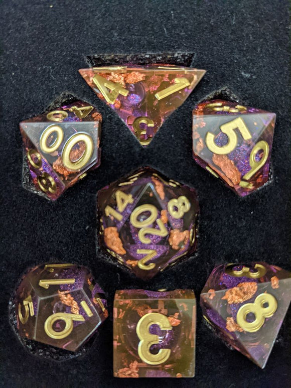 Metallic Dice Games Elixir Dice Liquid Core 7ct Polyhedral Dice Set - Purple with Copper Foil  FanRoll   