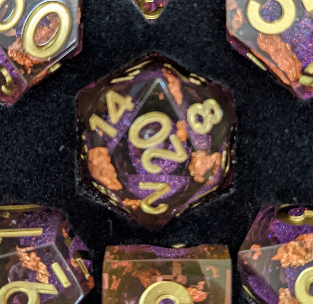 Metallic Dice Games Elixir Dice Single Liquid Core D20 - Purple with Copper Leaf Dice FanRoll by Metallic Dice Games