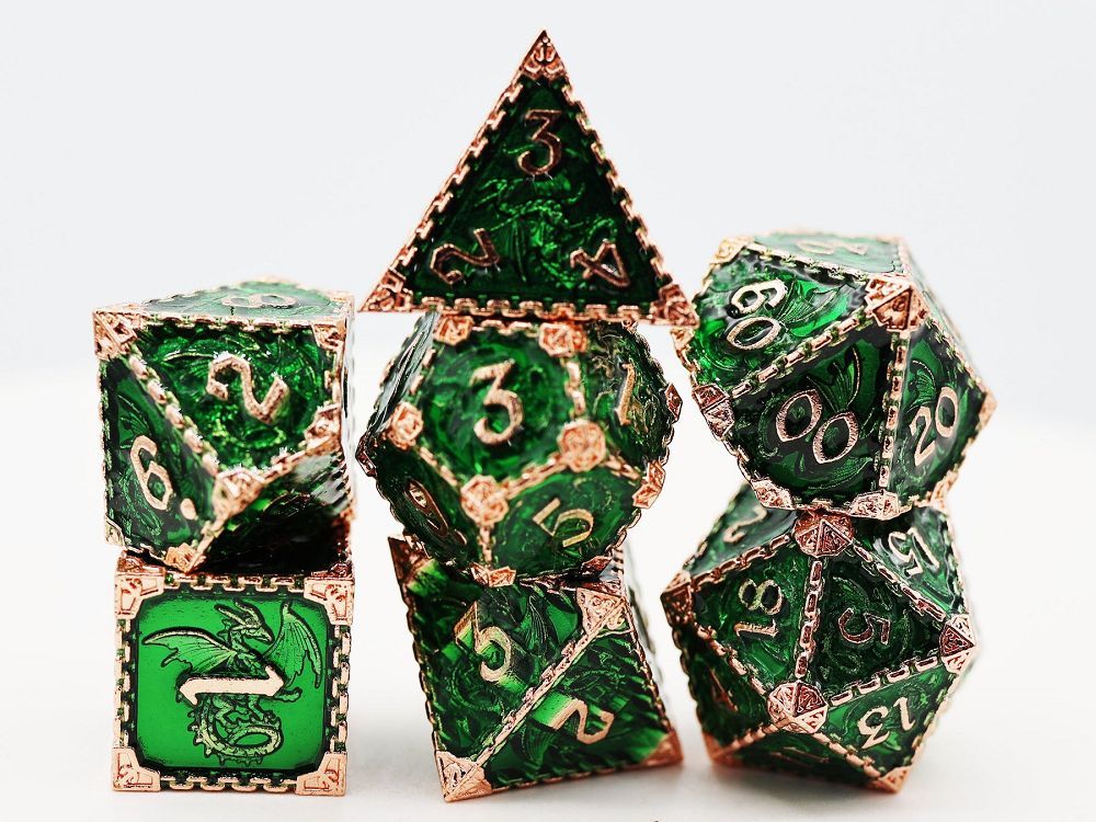 Foam Brain 7ct Metal Polyhedral Dice Set - Forest Dragon Dice Foam Brain Games