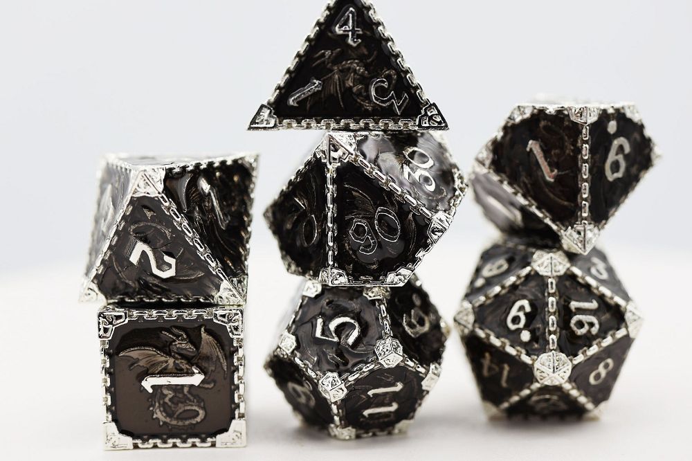 Foam Brain 7ct Metal Polyhedral Dice Set - Void Dragon Silver Dice Foam Brain Games