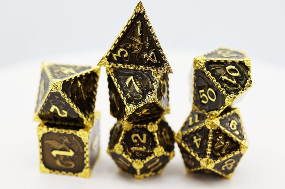 Foam Brain 7ct Metal Polyhedral Dice Set - Void Dragon Gold Dice Foam Brain Games