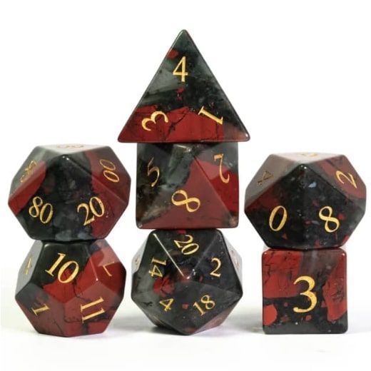 Foam Brain 7ct Gemstone Polyhedral Dice Set Bloodstone with Gold Dice Foam Brain Games