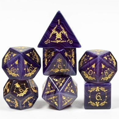 Foam Brain 7ct Gemstone Polyhedral Dice Set Purple Agate with Gold Dice Foam Brain Games