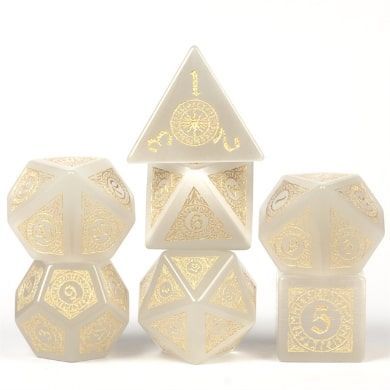 Foam Brain 7ct Gemstone Polyhedral Dice Set White Cats Eye with Runes Dice Foam Brain Games