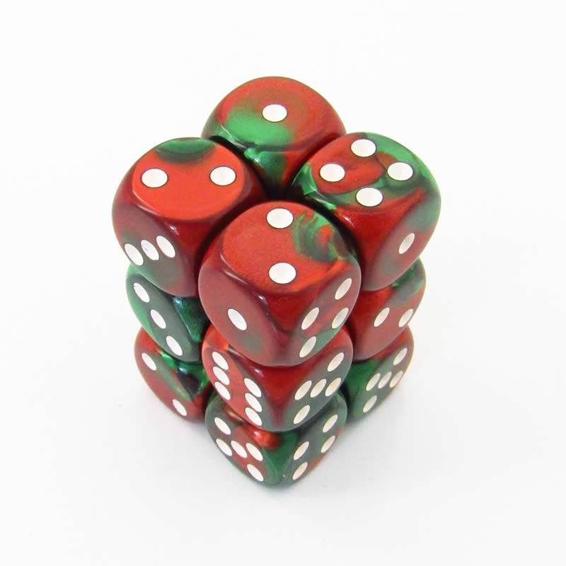 Chessex 16mm Gemini Green-Red/White 12ct D6 Set (26631) Dice Chessex   