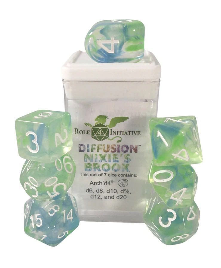 Role4Initiative 7ct Polyhedral Dice Set w/ Arch'd d4 - Nixie's Brook Dice Role 4 Initiative