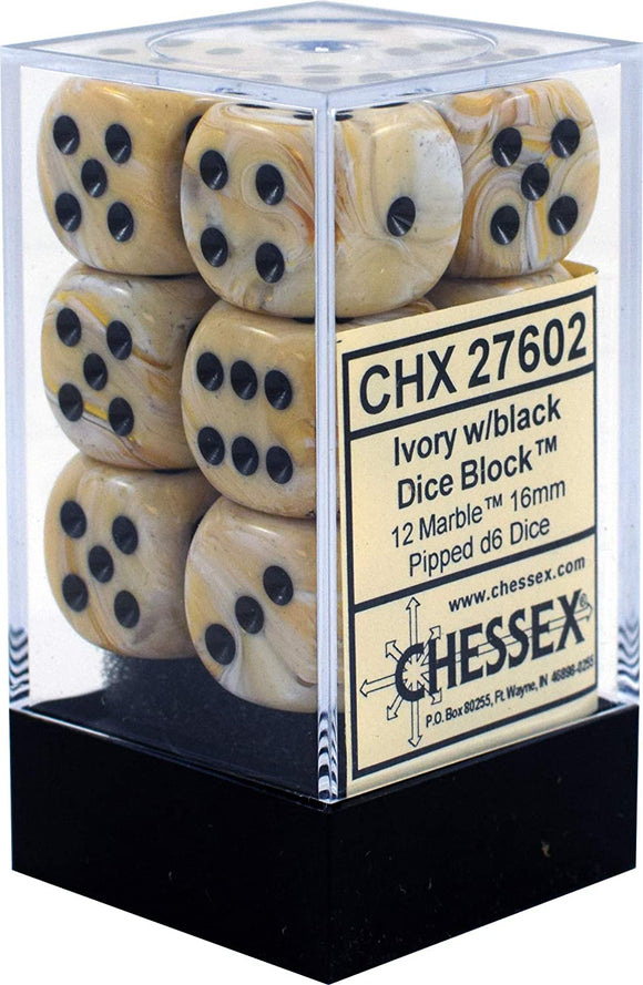 Chessex 16mm Marble Ivory/Black 12ct D6 Set (27602) Dice Chessex   