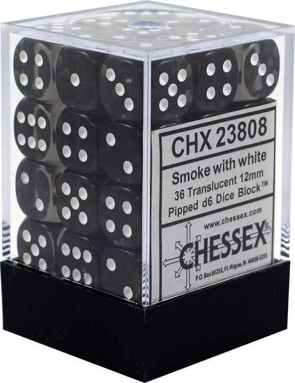 Chessex 12mm Translucent Smoke/White 36ct D6 Set (23808) Dice Chessex   