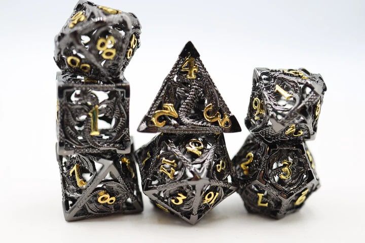 Foam Brain Games 7ct Metal Polyhedral Dice Set Chained Hollow Night Dragon Dice Foam Brain Games
